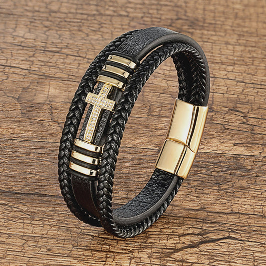 Leren Kruis Armband met Zirkonia - Stijlvol voor Hem en Haar