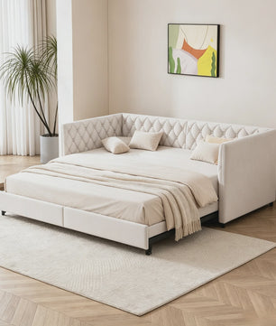 Velours Slaapbank Beige 90x200cm met Uitschuifbaar Ondermatras