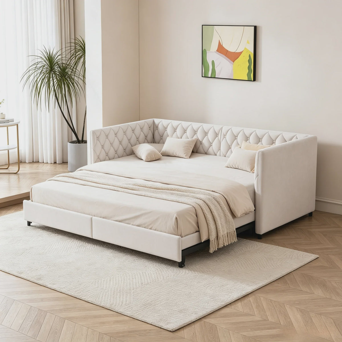 Velours Slaapbank Beige 90x200cm met Uitschuifbaar Ondermatras