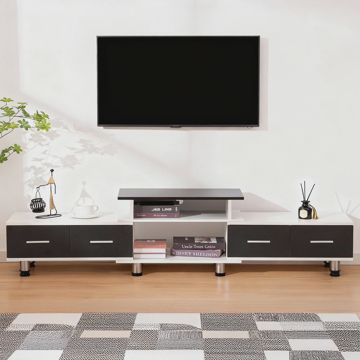 Uitschuifbaar TV Meubel 120-170 cm met 4 Lades, 3 Open Vakken en Metalen Frame