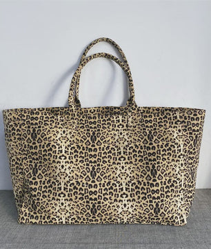 Unisex Canvas Shopper met Luipaardprint en Borduring - Stijlvolle Tote Bag voor Dagelijks Gebruik