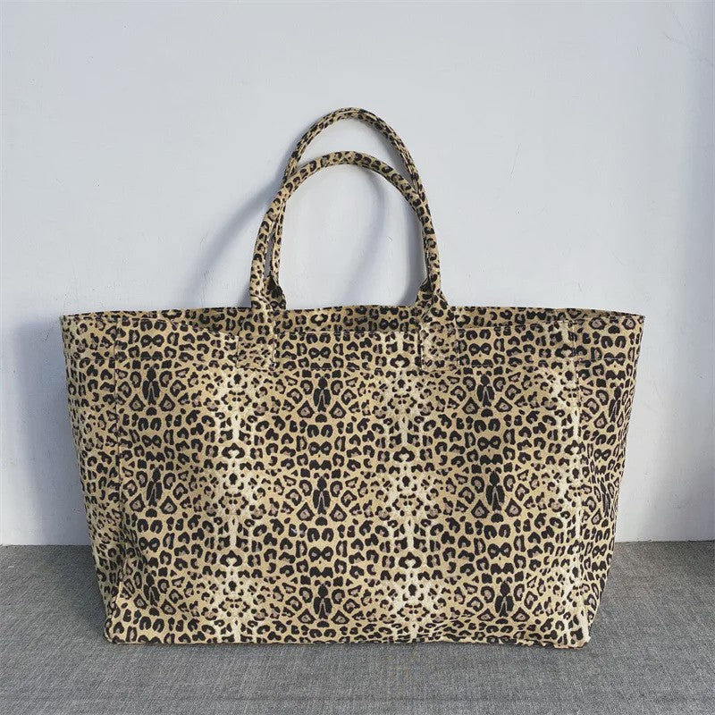 Unisex Canvas Shopper met Luipaardprint en Borduring - Stijlvolle Tote Bag voor Dagelijks Gebruik