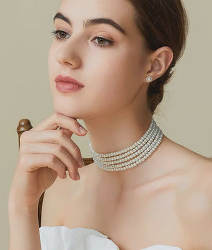 Elegante Multi-Rij Parel Choker Ketting - Handgemaakt Vintage Sieraad