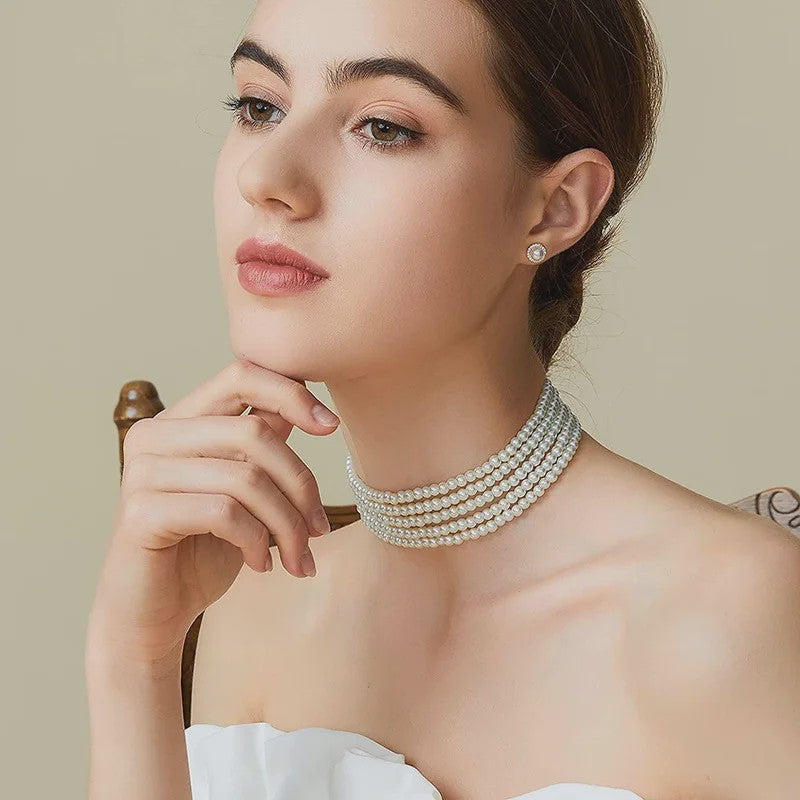 Elegante Multi-Rij Parel Choker Ketting - Handgemaakt Vintage Sieraad