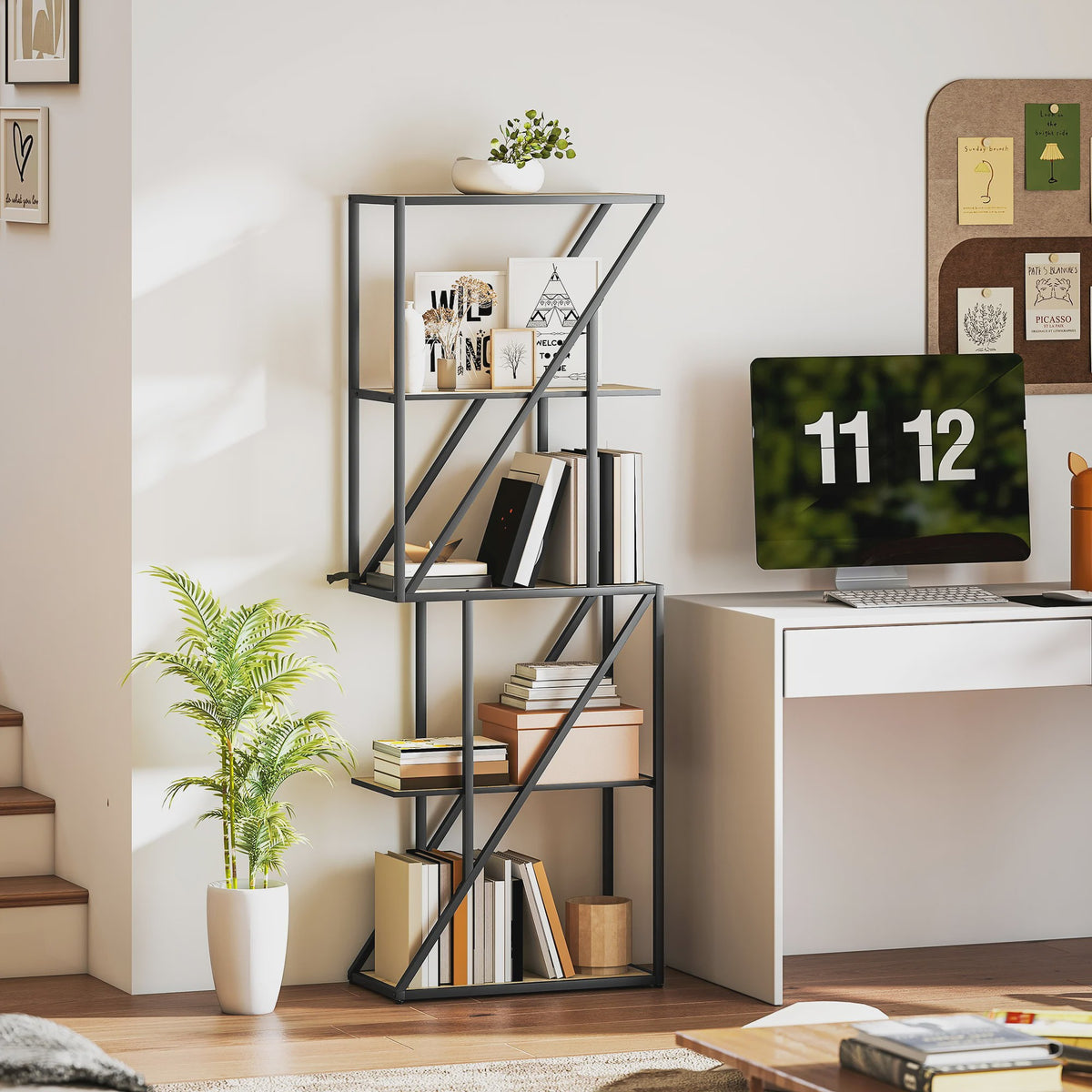 Industriële Boekenkast 5 Lagen met Open Planken en Stalen Frame - 60x30x165 cm Eikenlook