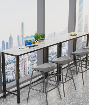 Sintered Stone Bartafel Wit Rechthoekig 120cm - Counter Height Pub Tafel met Zwart Metaal Frame