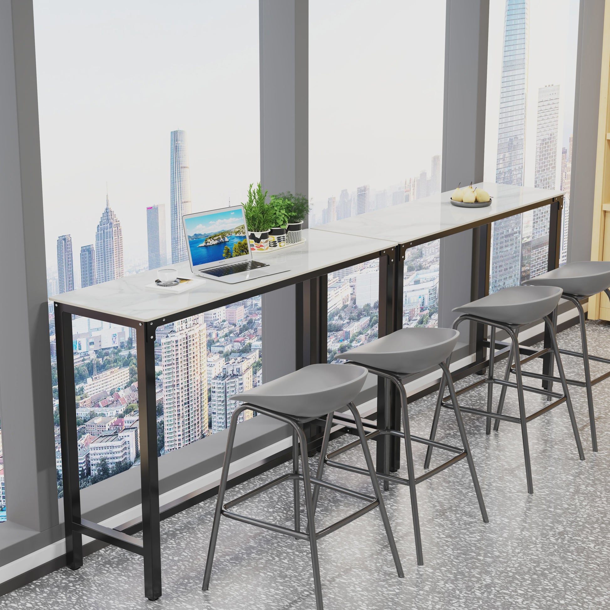 Sintered Stone Bartafel Wit Rechthoekig 120cm - Counter Height Pub Tafel met Zwart Metaal Frame
