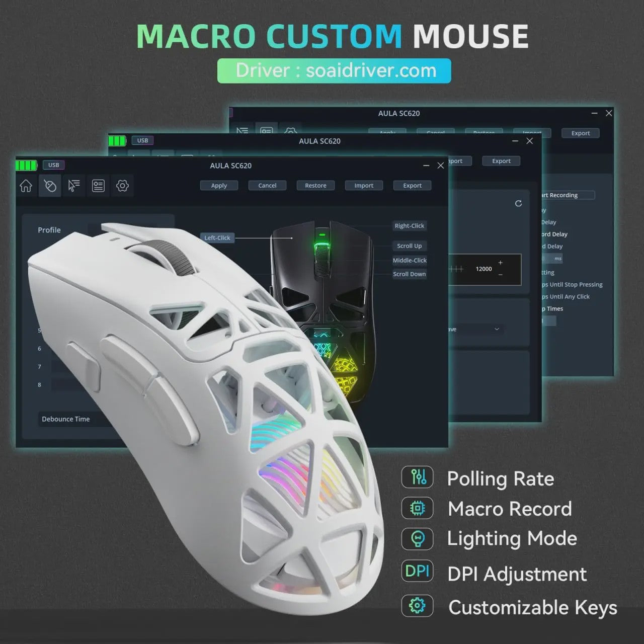 AULA SC620 Gaming Muis - Tri-Mode Connectiviteit (Wired/BT/2.4G), Lichtgewicht, 12000 DPI, PAW3311 Sensor