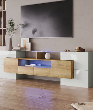 Modern TV meubel 200cm hoogglans wit met LED verlichting en glazen blad