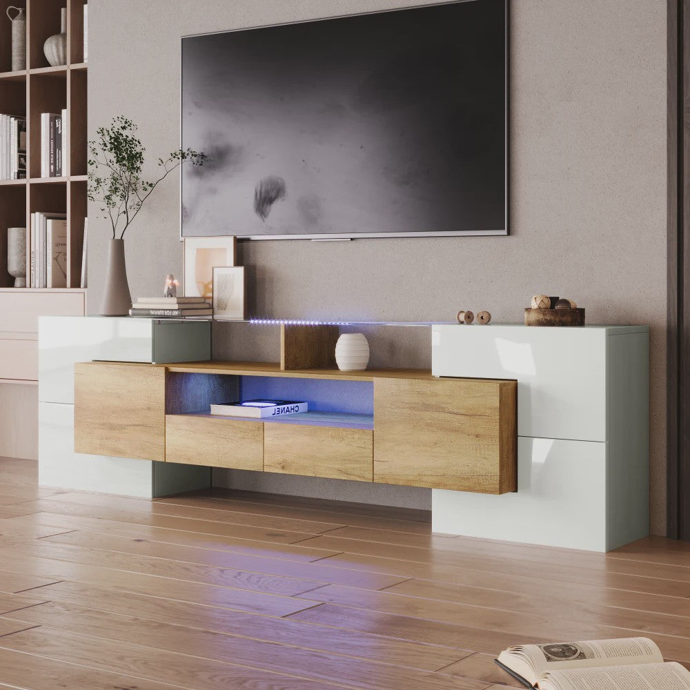 Modern TV meubel 200cm hoogglans wit met LED verlichting en glazen blad