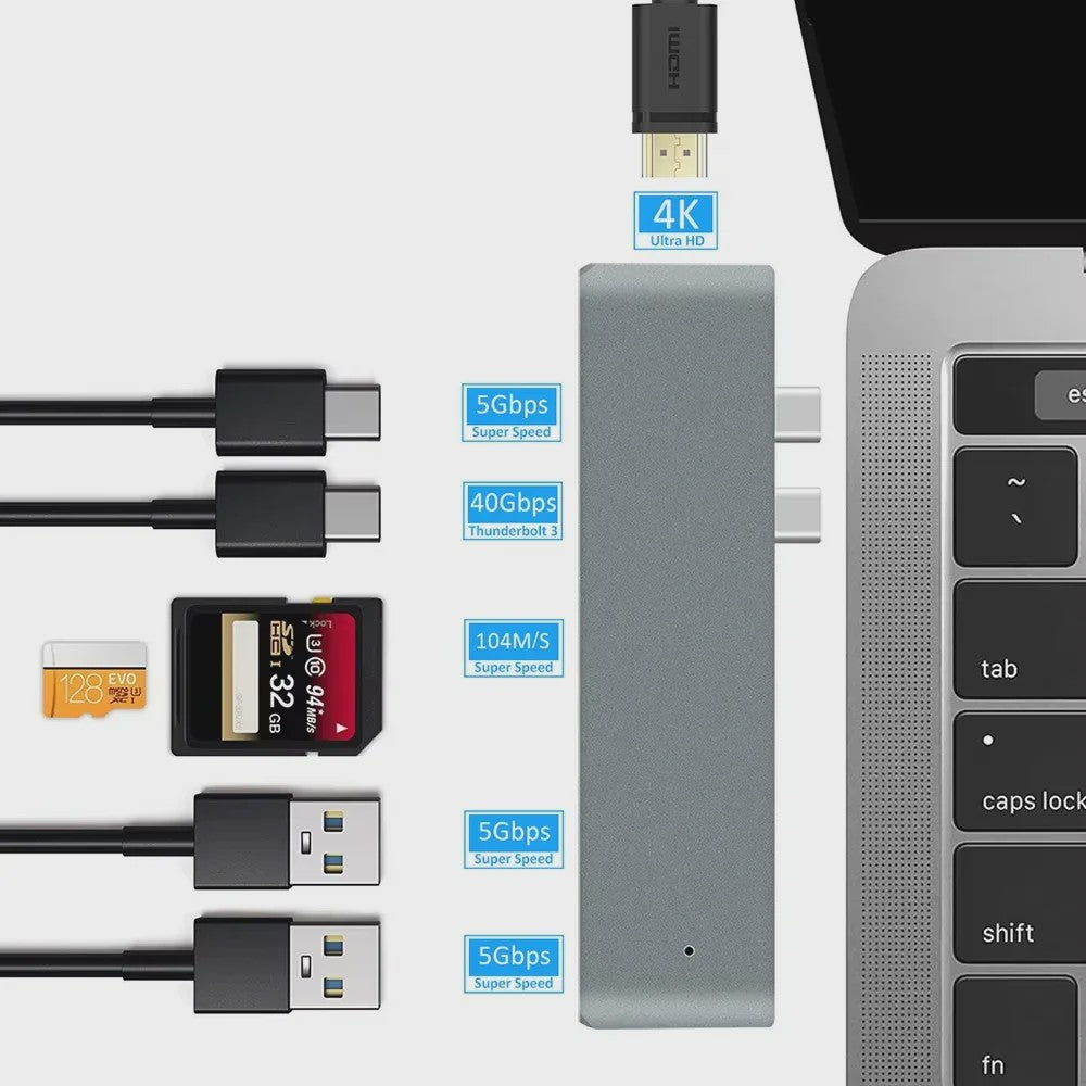 7-in-1 USB-C Hub met HDMI 4K, Thunderbolt 3, SD/TF Kaartlezer & Power Delivery voor MacBook