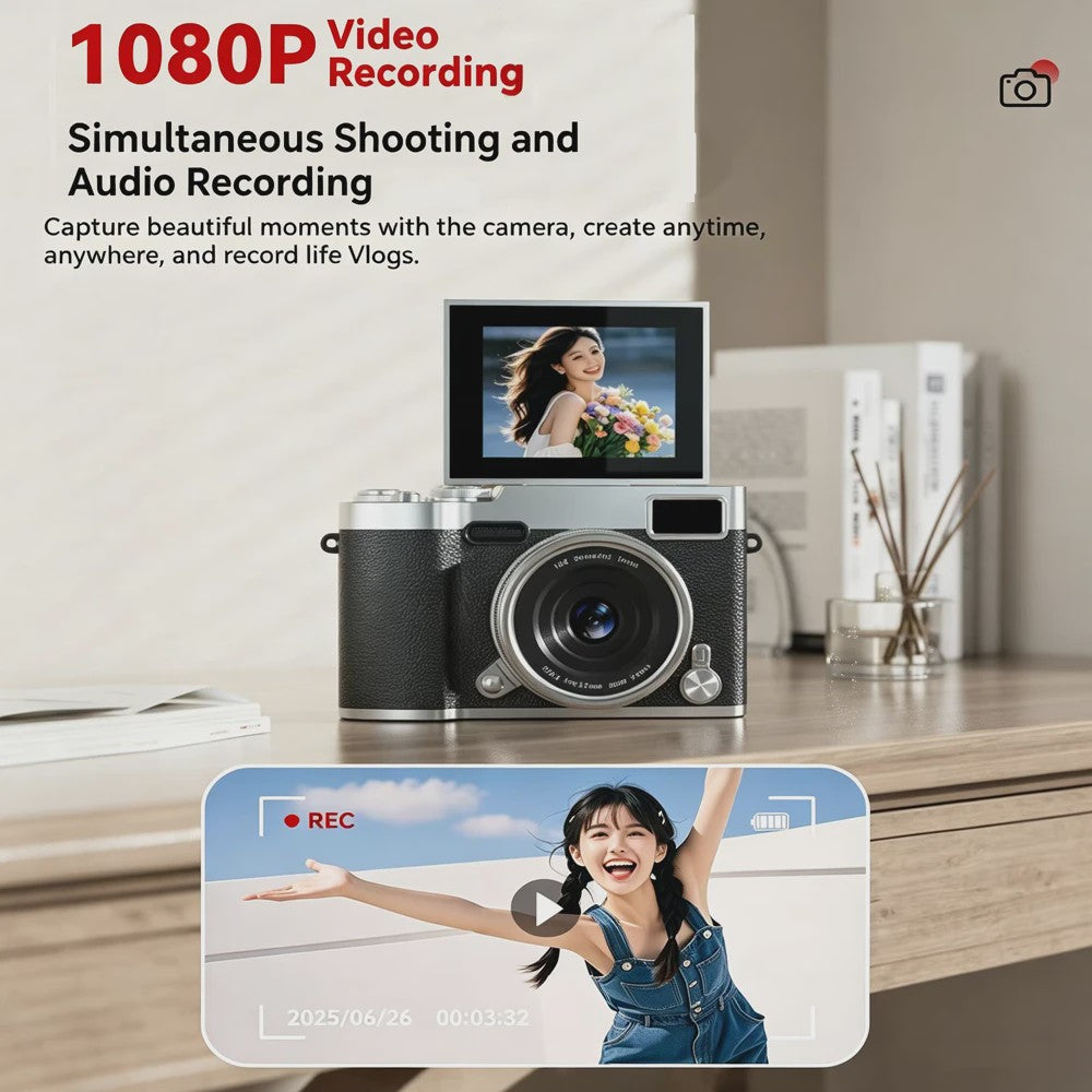 Compacte Digitale Camera met 4K Ultra HD, 16x Zoom & Draaibaar 180° Scherm voor Vlogs