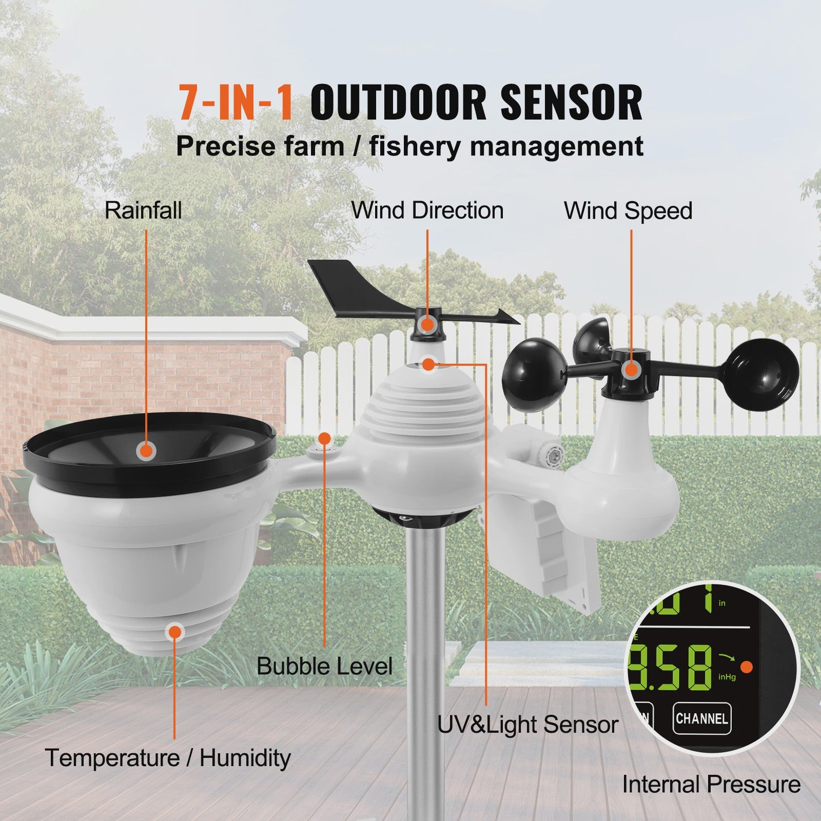 Wi-Fi Weerstation met 7-in-1 Sensor, 7.5" Kleurendisplay en Zonne-energie Outdoor Sensor met Alarmfuncties