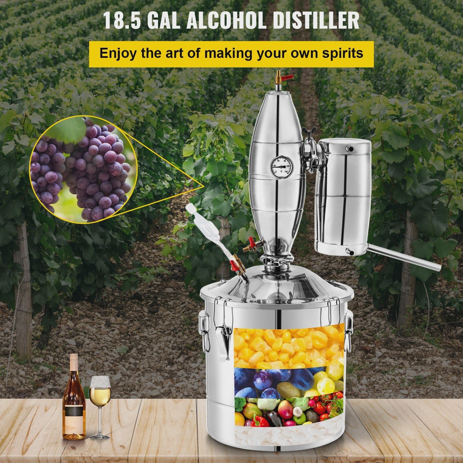 70L RVS Alcohol Distilleerder - Wijn & Alcohol Maken Kit met Thermometer