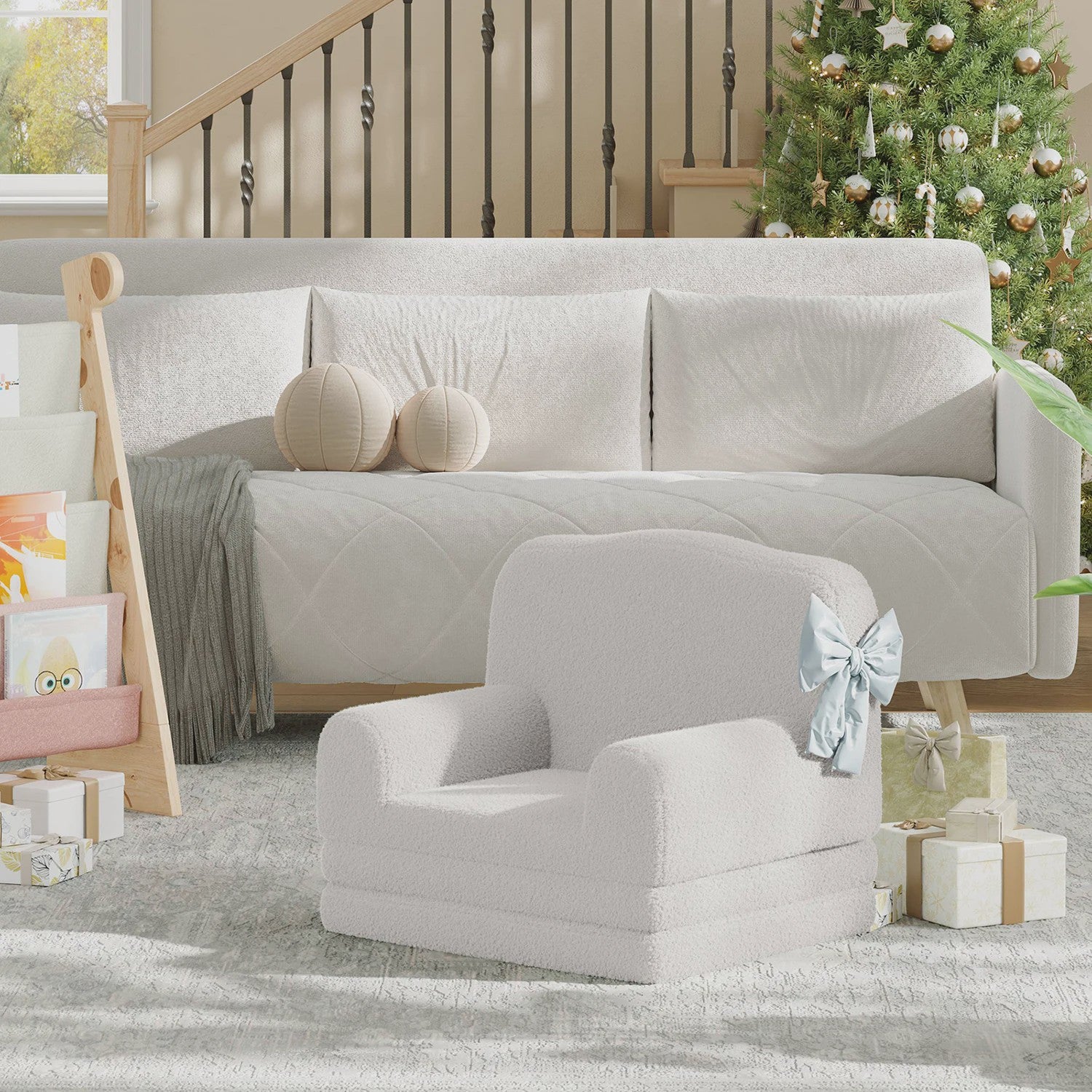 Kinderfauteuil omklapbaar tot slaapbank - Zachte Sherpa stof, Kroon design