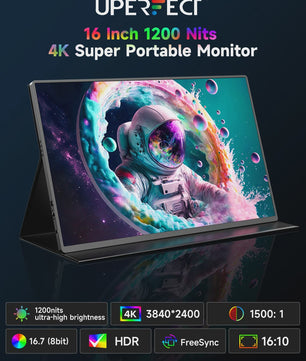 UPERFECT 16" 4K Draagbare Monitor - 1200 Nits, USB-C, HDMI, Ingebouwde Speakers & Standaard