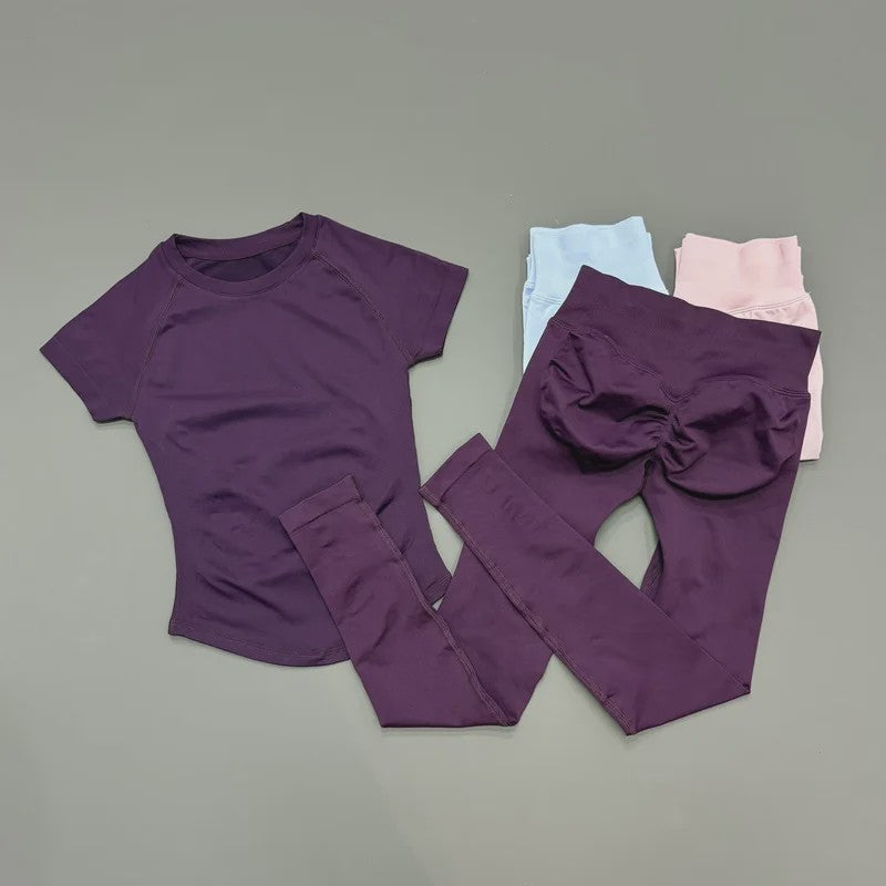 Naadloze Yoga Set Dames: Short Sleeve Top & Hoge Taille Legging - Sneldrogend Sportkleding Pak