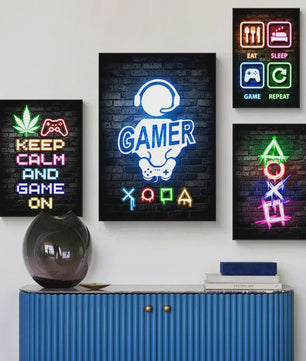Gaming Neon Canvas Poster: Eat Sleep Game Repeat - Decoratie voor Gamer Kamer