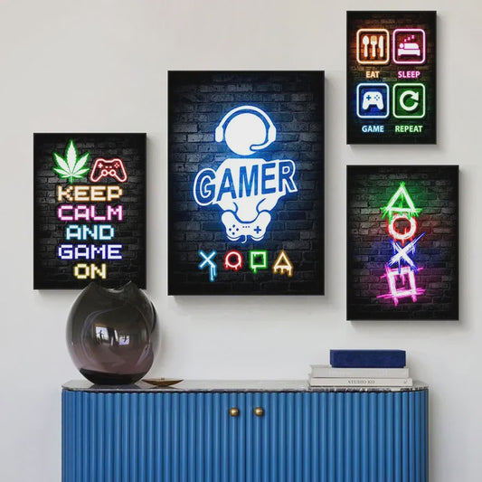 Gaming Neon Canvas Poster: Eat Sleep Game Repeat - Decoratie voor Gamer Kamer