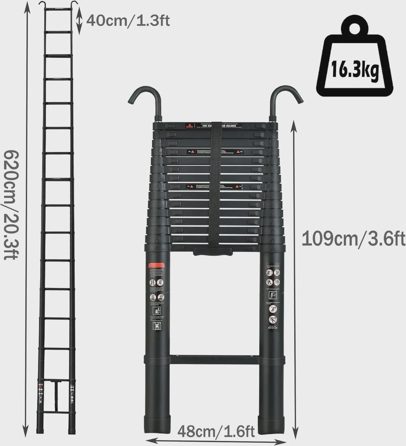 6.2M Telescopische Ladder - Zwaar Uitvoering Aluminium met Haken - 14 Treden