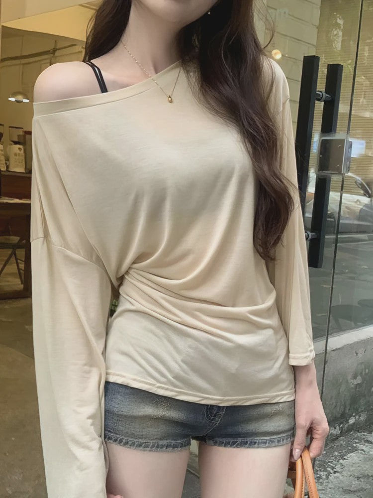Dames Oversized T-shirt met Lange Mouwen en Off-Shoulder Design - Sexy Bandage Detail