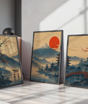 Set van 3 Japanse Muurkunst Prints: Fuji, Torii Poort & Pagode