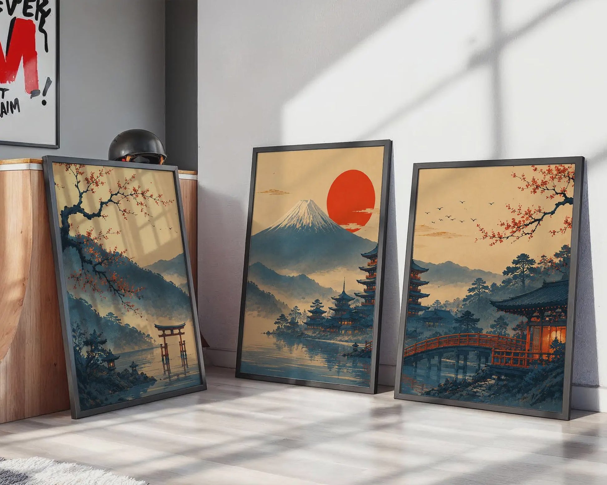 Set van 3 Japanse Muurkunst Prints: Fuji, Torii Poort & Pagode