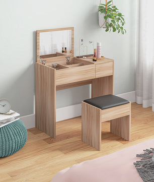 Kaptafel met Spiegel en Kruk - Make-up Tafel met Opbergruimte