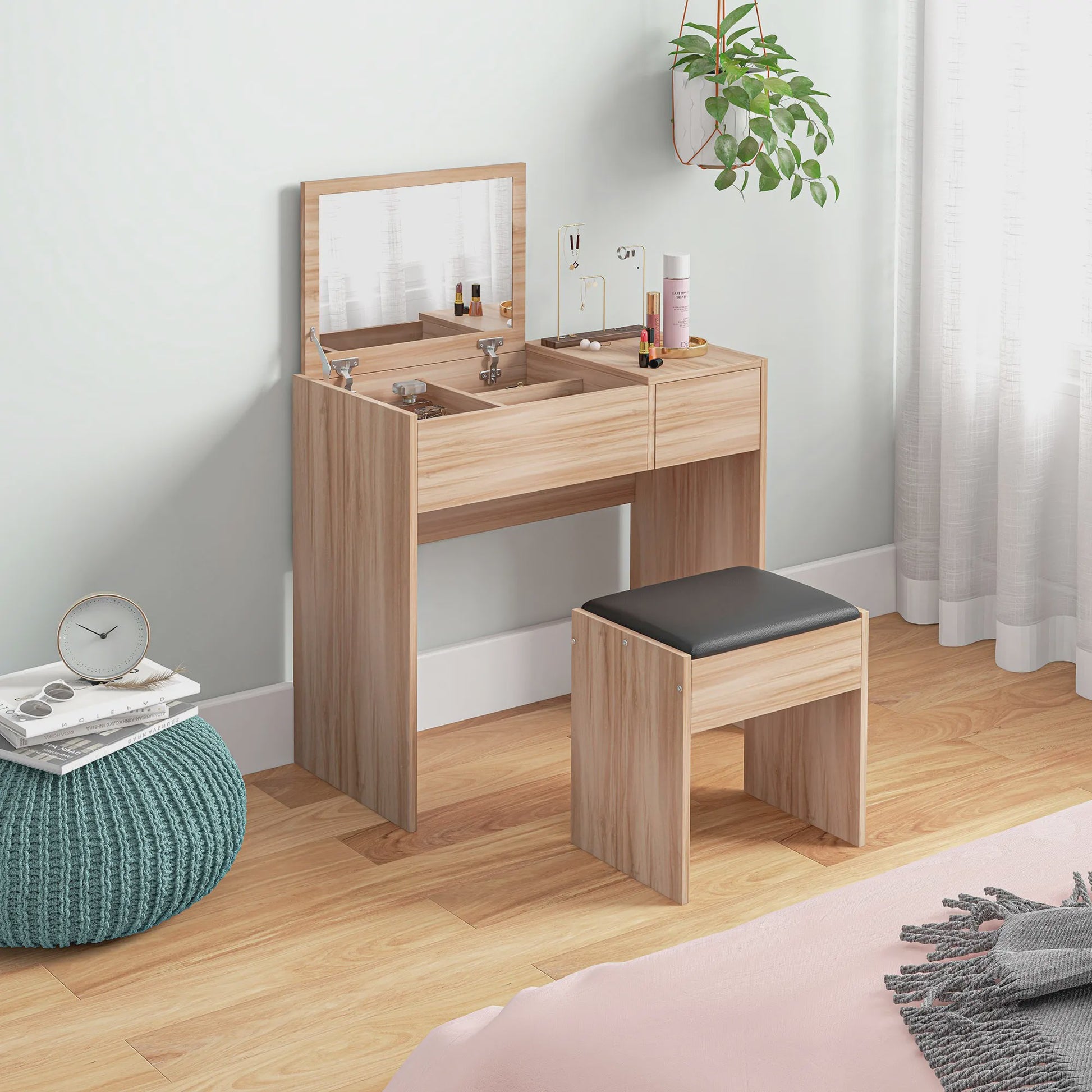 Kaptafel met Spiegel en Kruk - Make-up Tafel met Opbergruimte