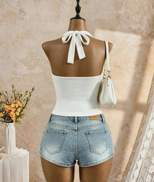 2-Pack Dames Crop Top met Halternek, Diepe V-hals en Ruches - Zomer Y2K Stijl