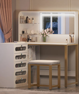 Witte Kaptafel met Spiegel, L-vormig Design, 5 Lades en Kruk