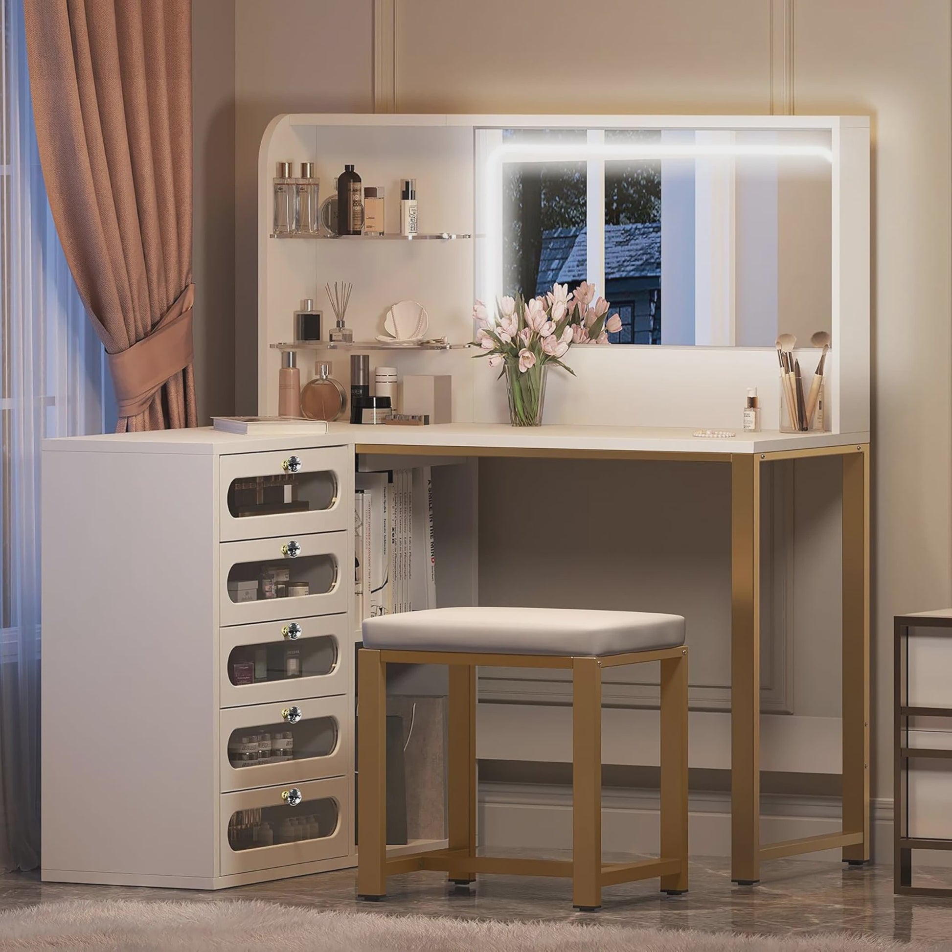 Witte Kaptafel met Spiegel, L-vormig Design, 5 Lades en Kruk