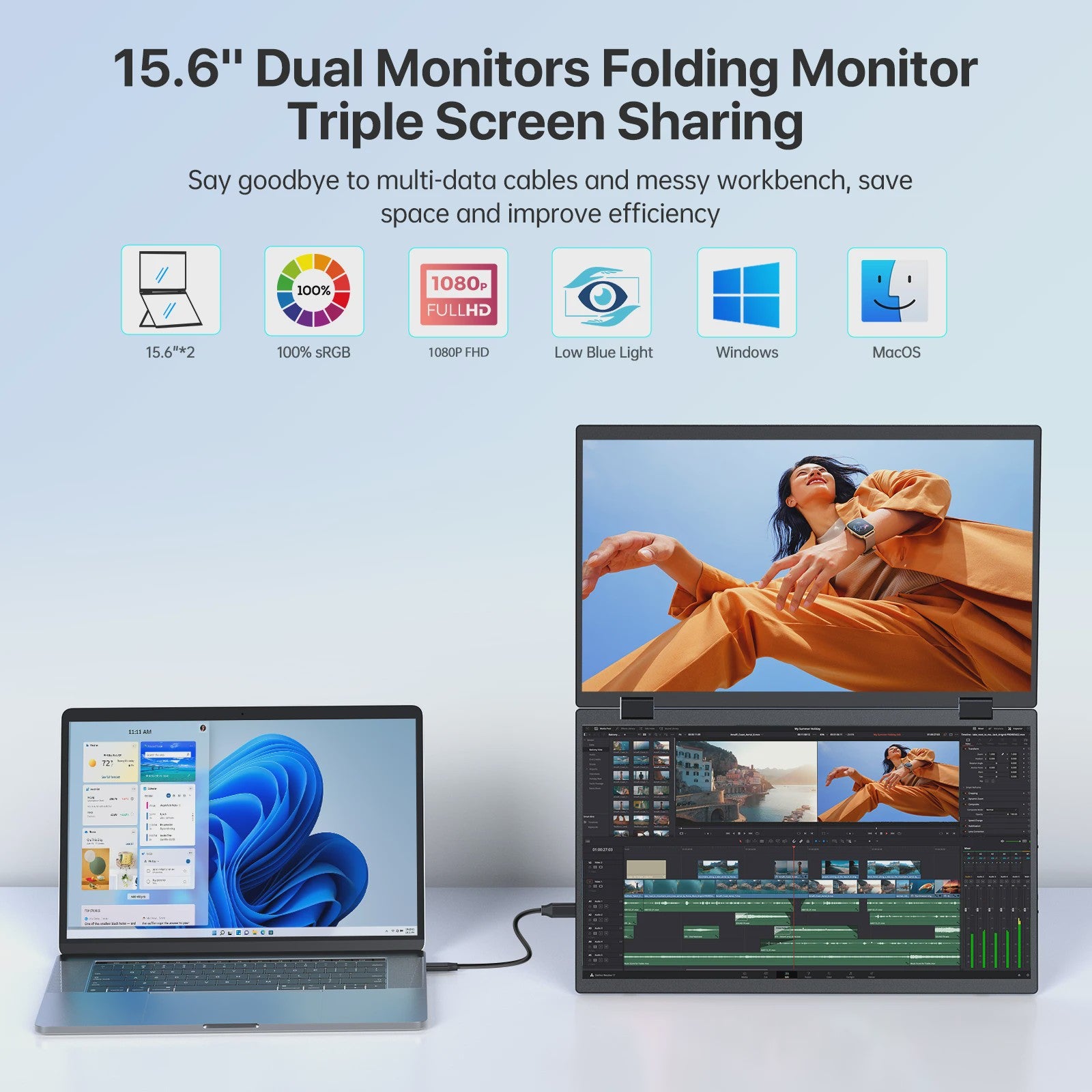 UPERFECT 15.6" Dubbele Draagbare Monitor FHD SRGB - Uitbreidbaar Laptop Scherm