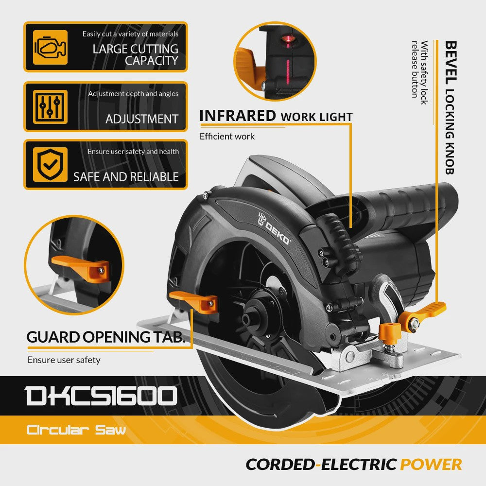DEKO DKCS1600 Cirkelzaag 1600W met Lasergeleider & Schaalverdeling