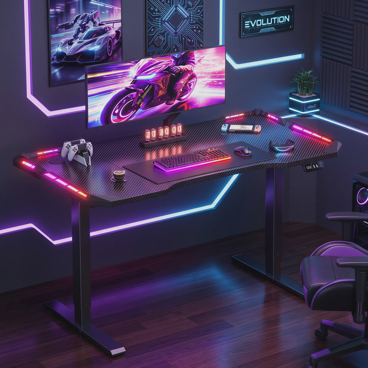Elektrisch Verstelbaar Gaming Bureau met LED Verlichting en Carbon Fiber Oppervlak - Sit-Stand Werkstation