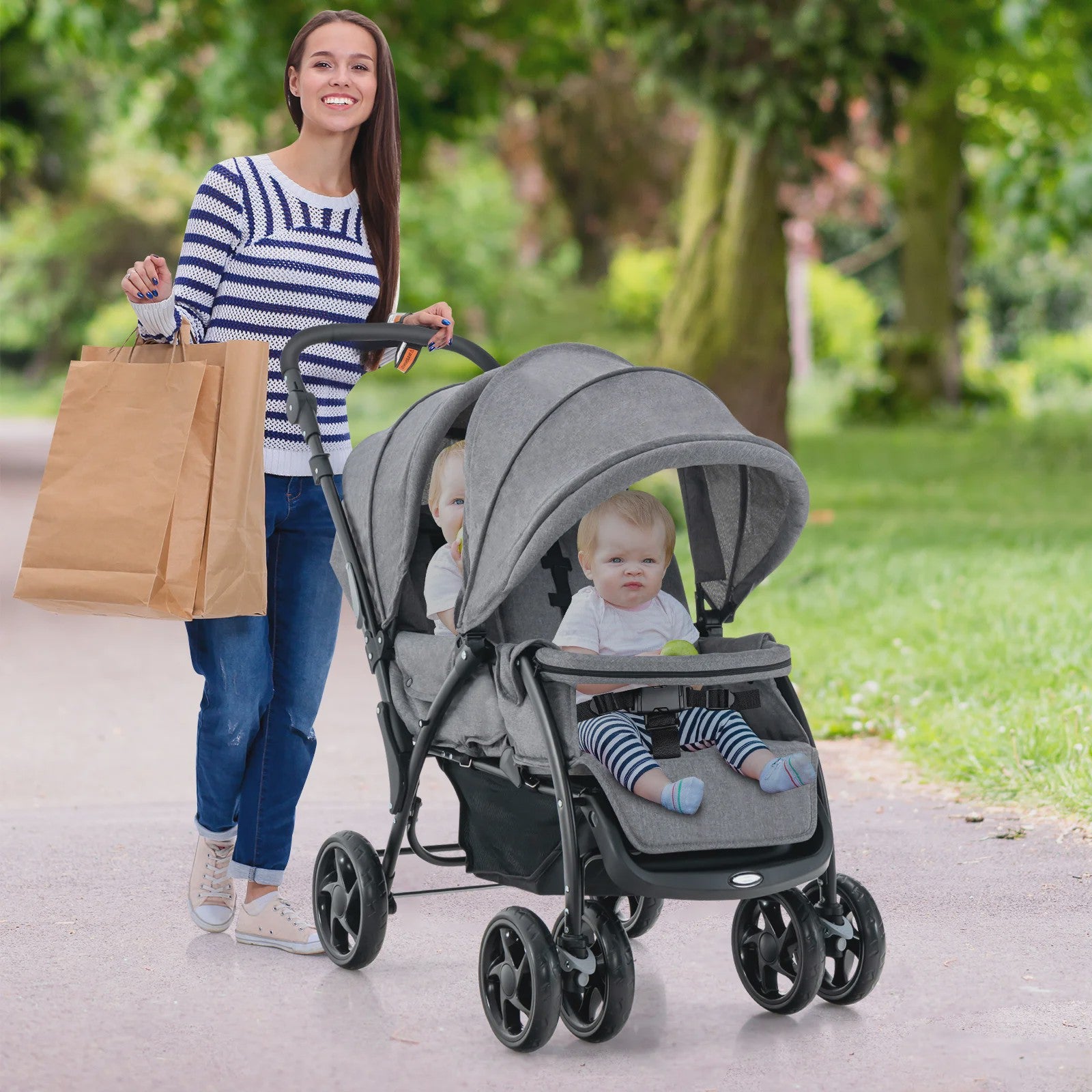 Dubbele Kinderwagen Inklapbaar met Verstelbare Rugleuning en Kap - Comfortabele Reisbuggy voor Tweeling