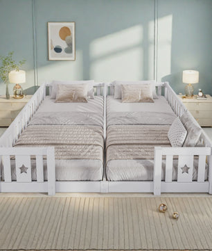 Houten Kinder Vloerbed 90x200cm met Zijhek - Veilig en Sfeervol Slapen voor 2 Kinderen