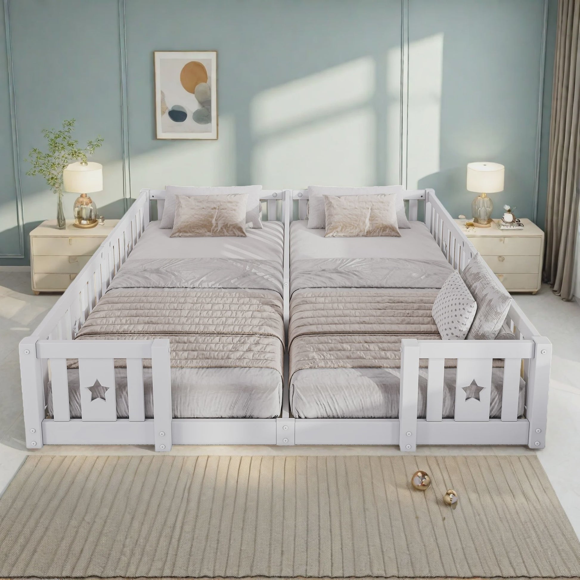 Houten Kinder Vloerbed 90x200cm met Zijhek - Veilig en Sfeervol Slapen voor 2 Kinderen