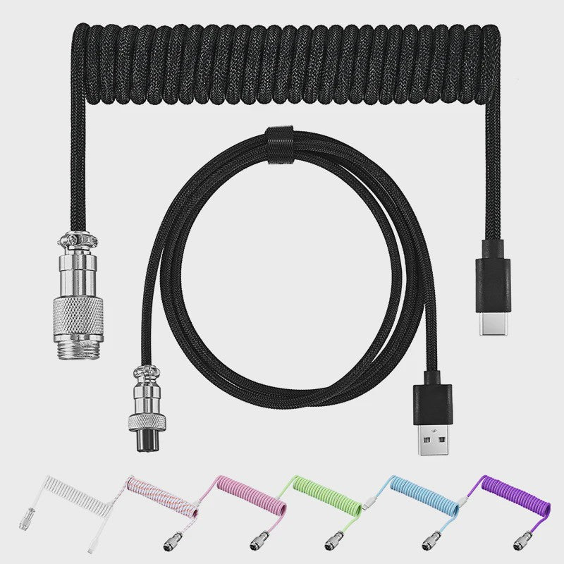 Coiled USB-C naar USB-A Keyboard Kabel met Afneembare Aviator Connector - Dubbel Sleeved