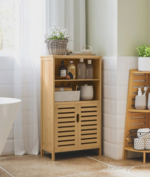 Kleankin Bamboe Badkamerkast met 2 Deuren en Open Vakken - 50x29x92 cm