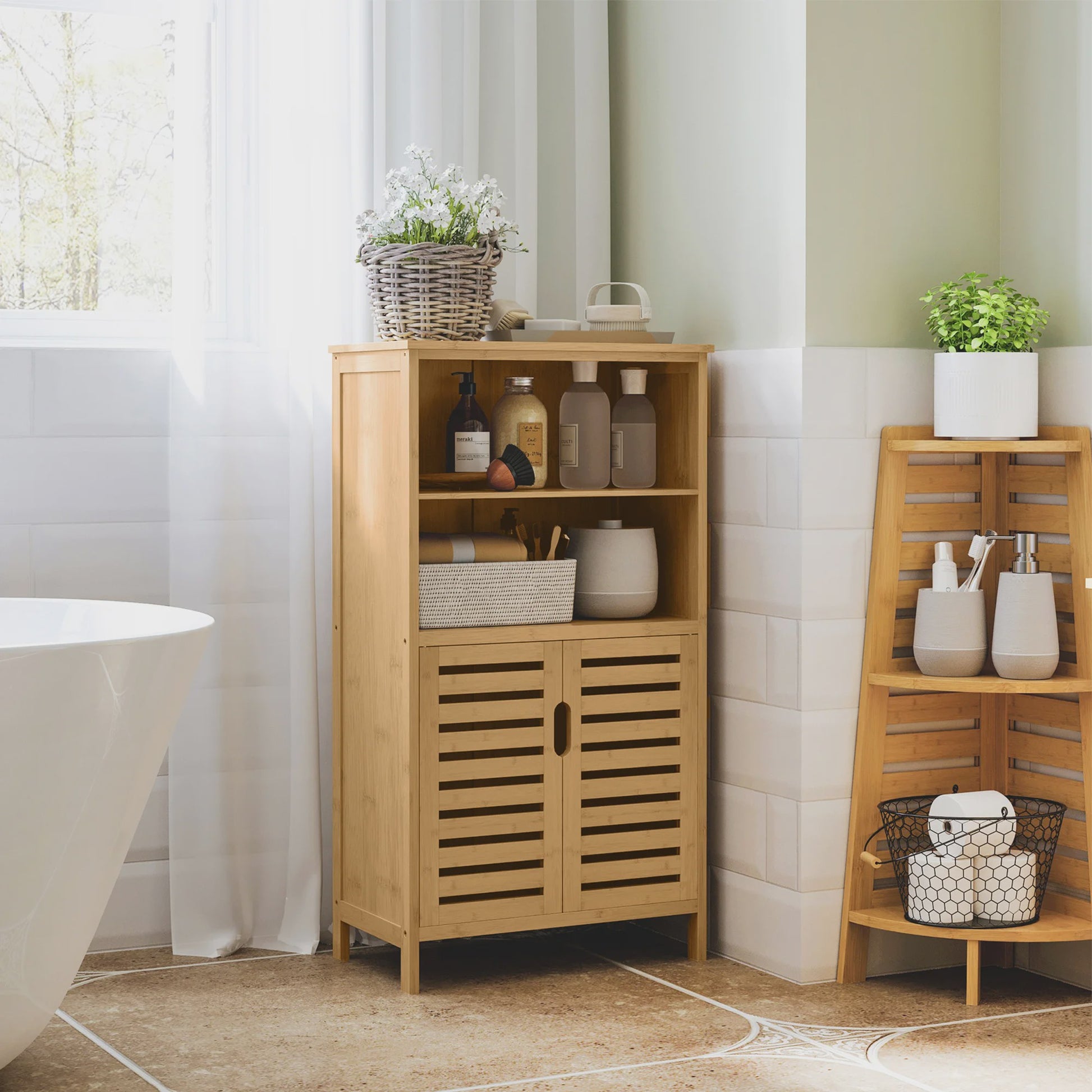 Kleankin Bamboe Badkamerkast met 2 Deuren en Open Vakken - 50x29x92 cm