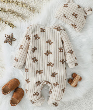 Unisex Baby Romper met Muts - Beige Beerprint - Lange Mouwen - 1-24 Maanden
