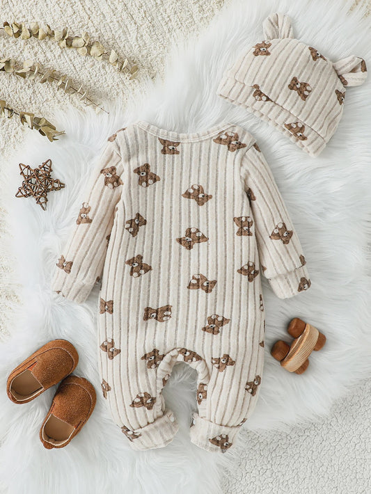 Unisex Baby Romper met Muts - Beige Beerprint - Lange Mouwen - 1-24 Maanden