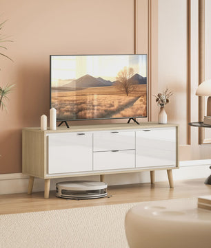 HOMCOM TV Meubel 120cm - Modern Wit & Eiken met Hoogglans Deuren en Laden