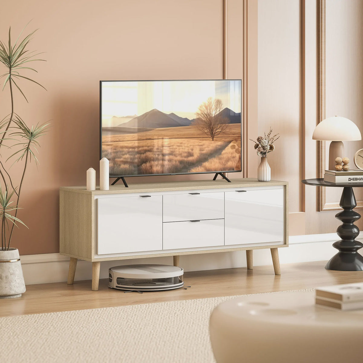 HOMCOM TV Meubel 120cm - Modern Wit & Eiken met Hoogglans Deuren en Laden