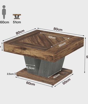 Moderne Vierkante Salontafel 80cm - Rustiek Bruin & Zwart Houten Middentafel