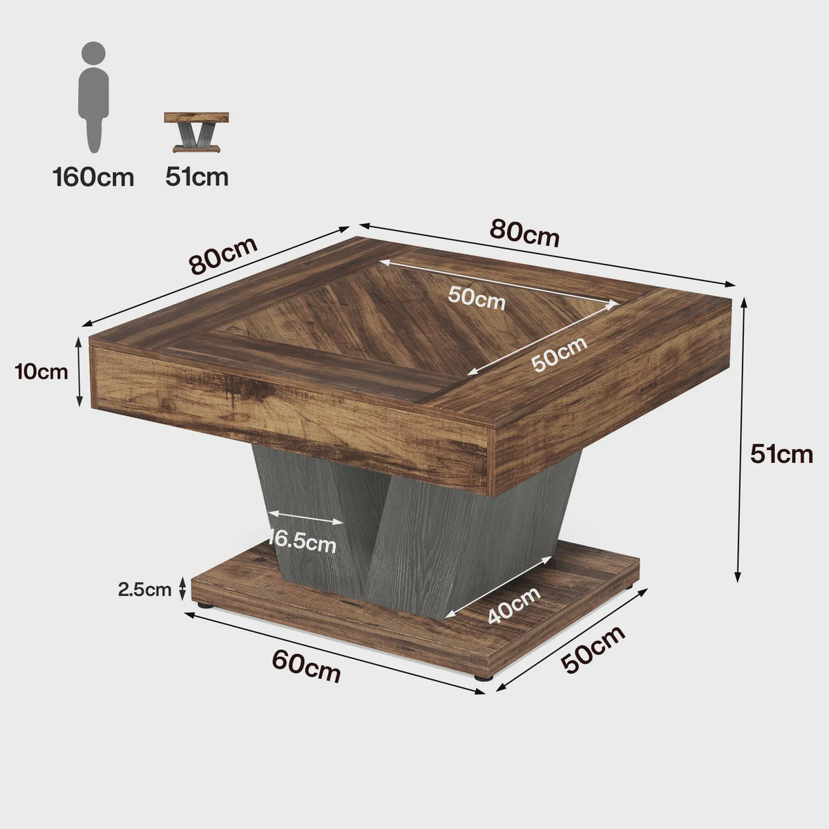 Moderne Vierkante Salontafel 80cm - Rustiek Bruin & Zwart Houten Middentafel