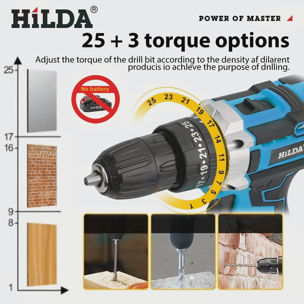 HILDA 21V Accuboormachine - 25+3 Koppelstanden, Draadloos & Makita Compatibel
