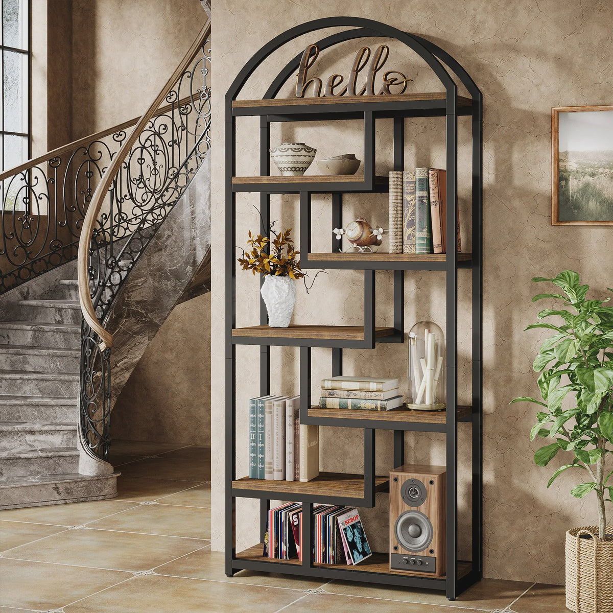 Industriële Boekenkast 71 inch Hoog met Boogvormig Design en Open Vakken - Stijlvolle Opbergoplossing