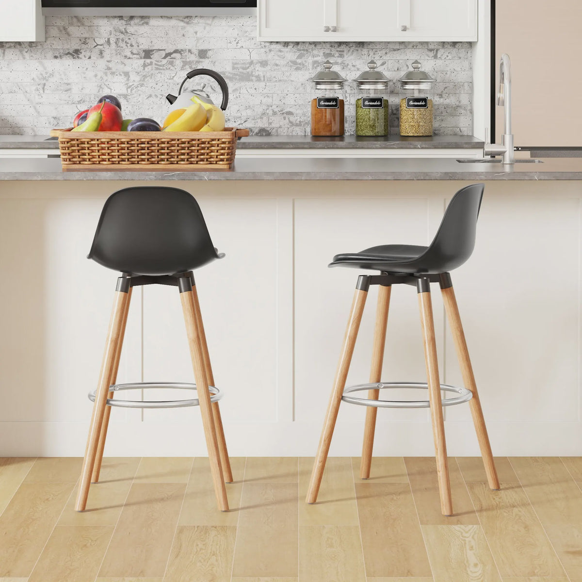 Set van 2 Stijlvolle Barkrukken met Rugleuning en Voetensteun - PU Zitting & Houten Poten (69 cm)